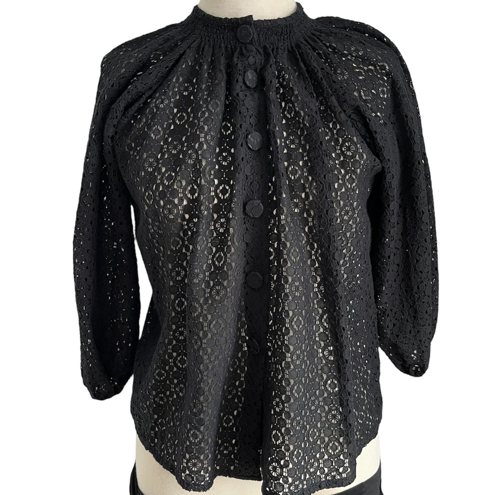 BLACK EYELET BUTTON DOWN BLOUSE BY TUCKER